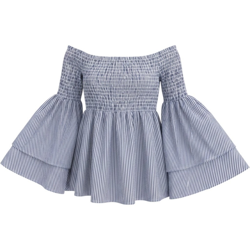 Marled Off Shoulder Top Womens XS Blue Stripe Cotton Smocked Bell Sleeve Boho